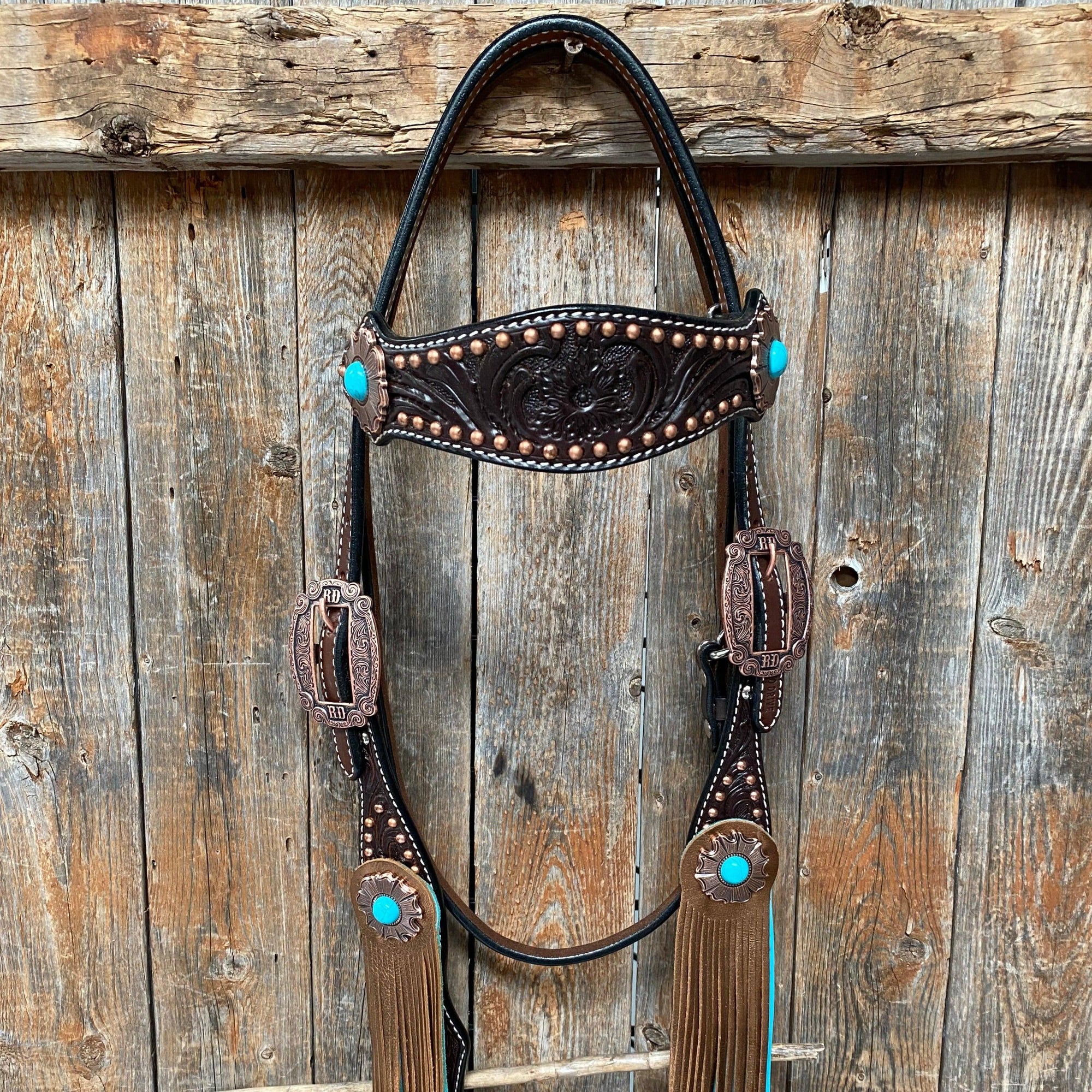 Dark Oil Copper Dot Turquoise Browband/One Ear Tack Set  