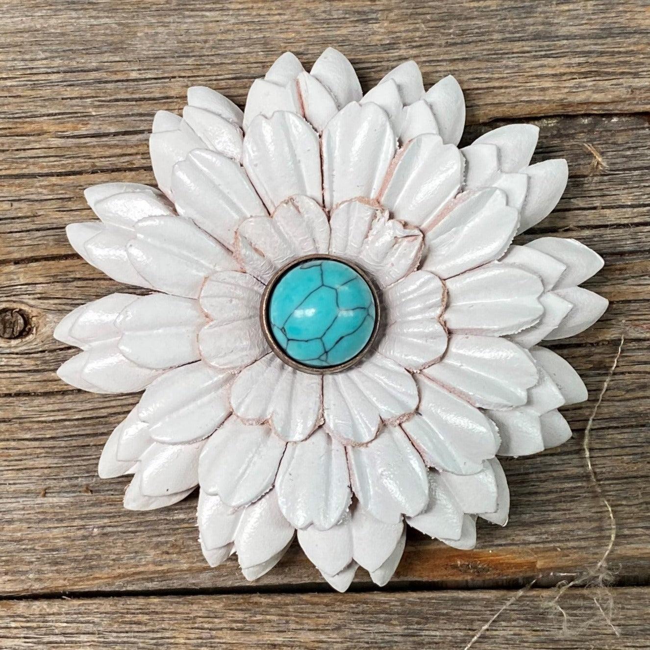 White Daisy Flower With Round Turquoise Cabochon
