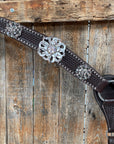 Dark Oil Silver Dot Flowers and Skulls Browband / One Ear Tack Set 