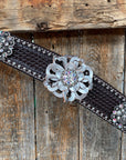 Dark Oil Silver Dot Flowers and Skulls Browband / One Ear Tack Set 