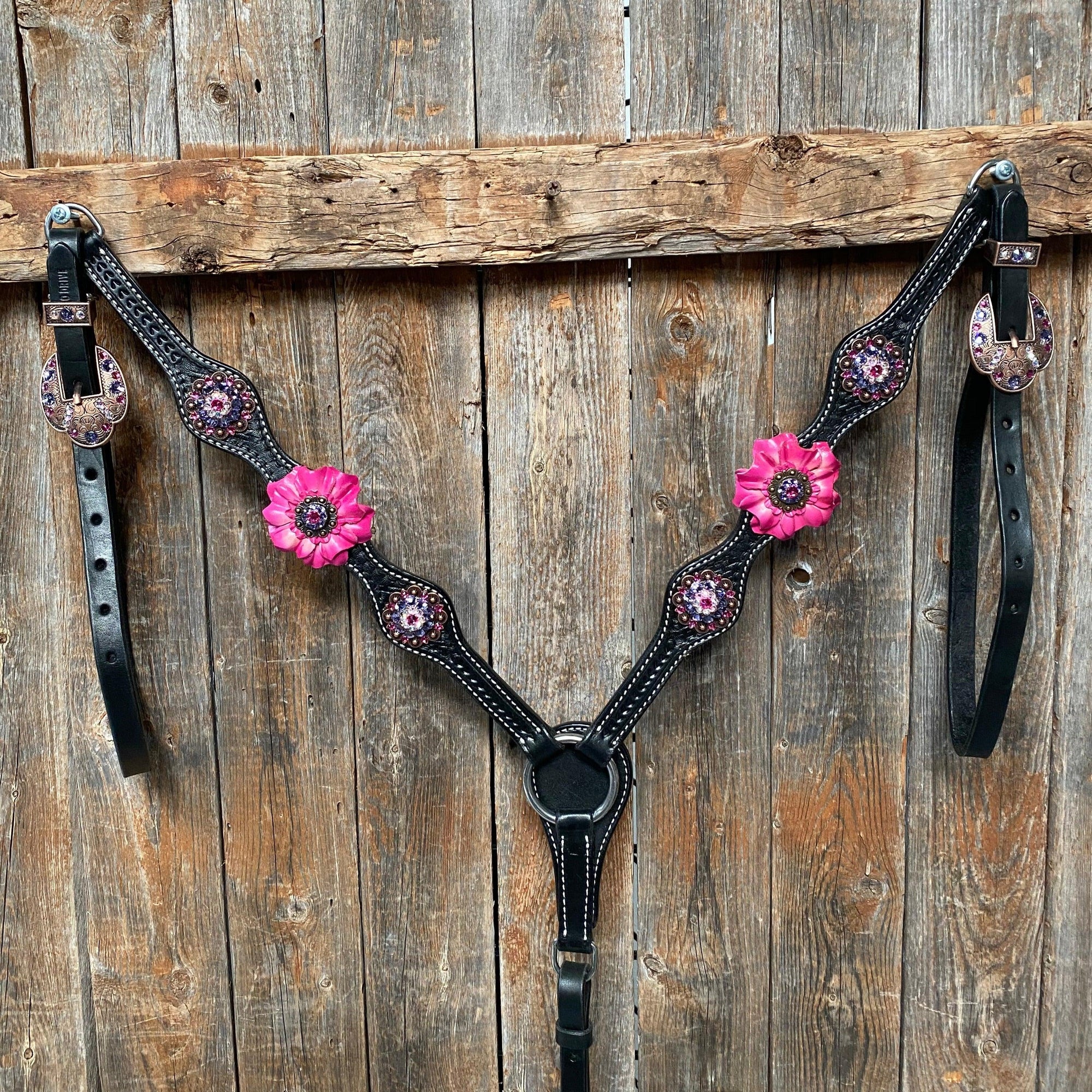 Black Basketweave Pink and Purple Browband/One Ear Tack Set  