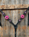 Black Basketweave Pink and Purple Browband/One Ear Tack Set  