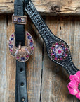 Black Basketweave Pink and Purple Browband/One Ear Tack Set  