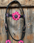 Black Basketweave Pink and Purple Browband/One Ear Tack Set  