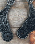 Black Floral Tooled Spur Straps