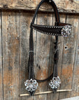 Dark Oil Silver Dot Flowers and Skulls Browband / One Ear Tack Set 