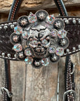 Dark Oil Silver Dot Flowers and Skulls Browband / One Ear Tack Set 