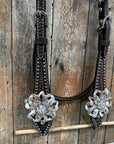 Dark Oil Silver Dot Flowers and Skulls Browband / One Ear Tack Set 