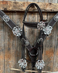 Dark Oil Silver Dot Flowers and Skulls Browband / One Ear Tack Set 