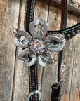 Dark Oil Silver Dot Flowers and Skulls Browband / One Ear Tack Set 