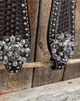 Dark Oil Silver Dot Flowers and Skulls Browband / One Ear Tack Set 