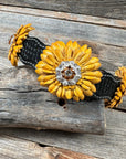 DC19 -Black Oil Leather Sunflower Dog Collar 18" to 28"