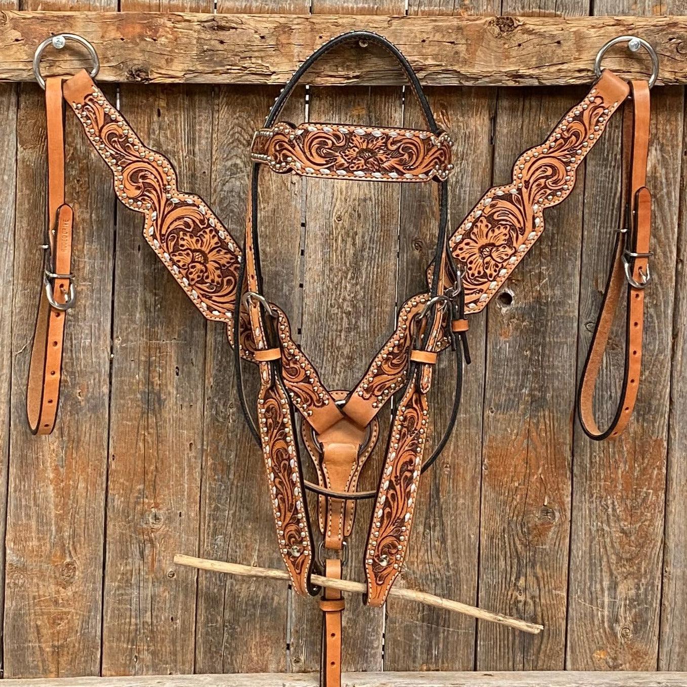 Light Oil Floral Tooled Silver Buckstitching &amp; Dots Tack Sets