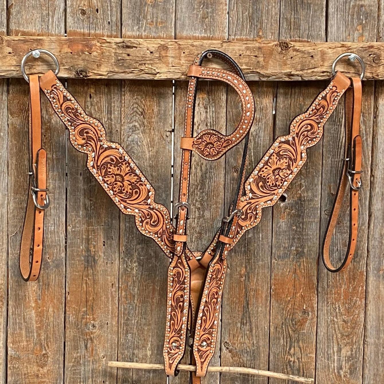 Light Oil Floral Tooled Silver Buckstitching &amp; Dots Tack Sets