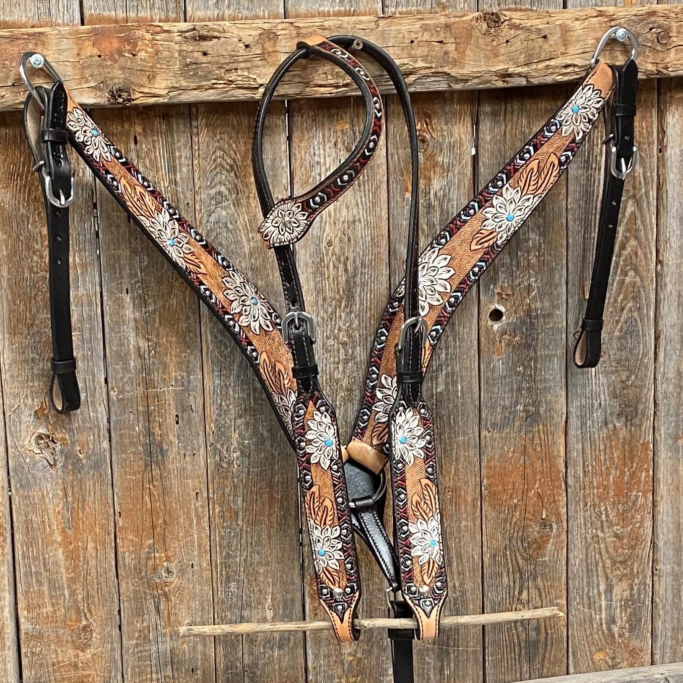 Two Tone Hand Painted Flower Headstall/Breastcollar Tack Set
