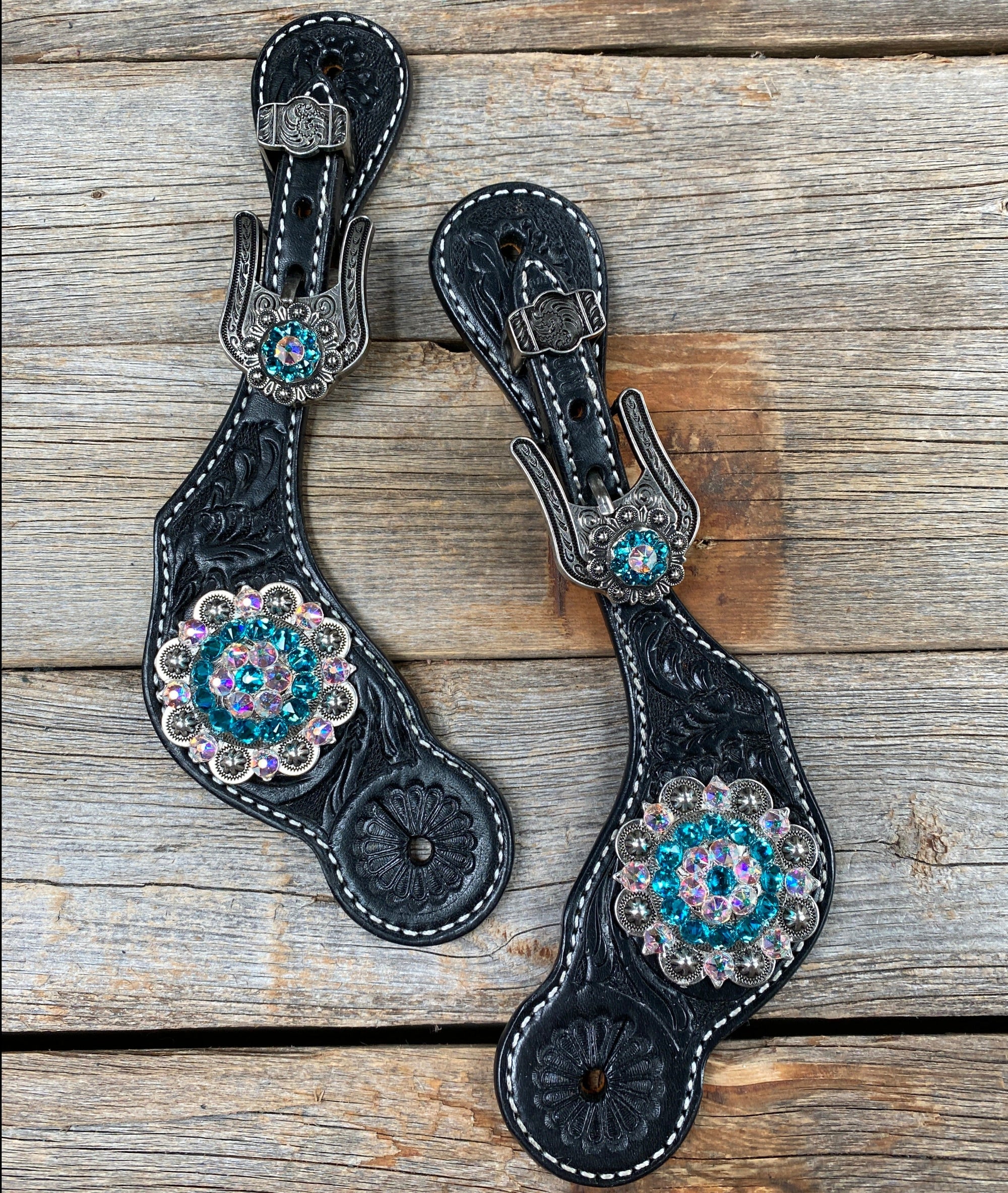 Black Floral Spur Straps - Antique Silver Crystal Conchos 