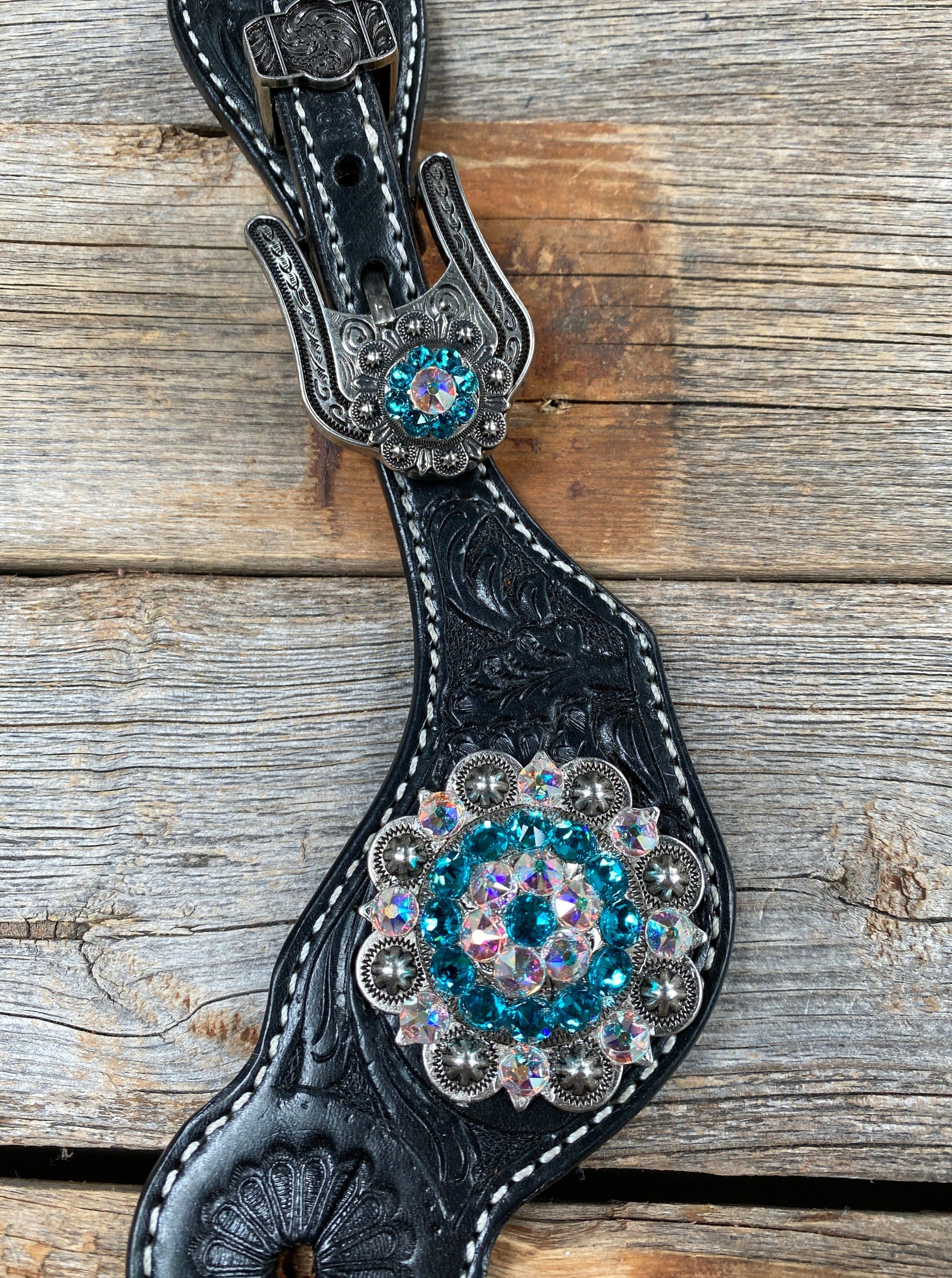 Black Floral Spur Straps - Antique Silver Crystal Conchos 