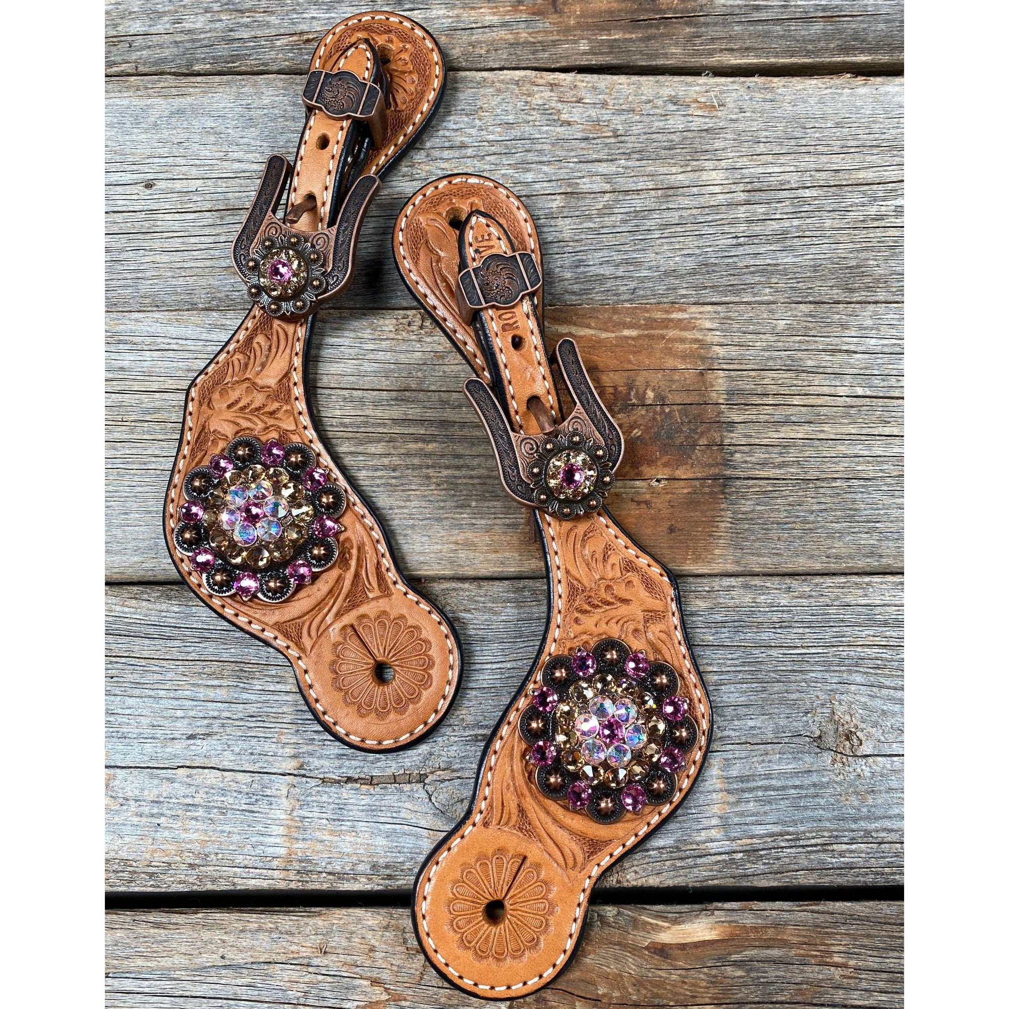 Light Floral Spur Straps - Copper Crystal Conchos 