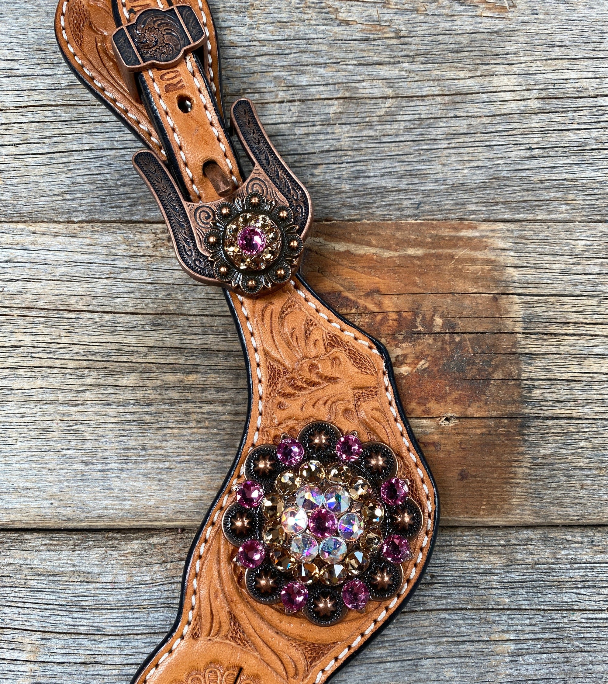 Light Floral Spur Straps - Copper Crystal Conchos 