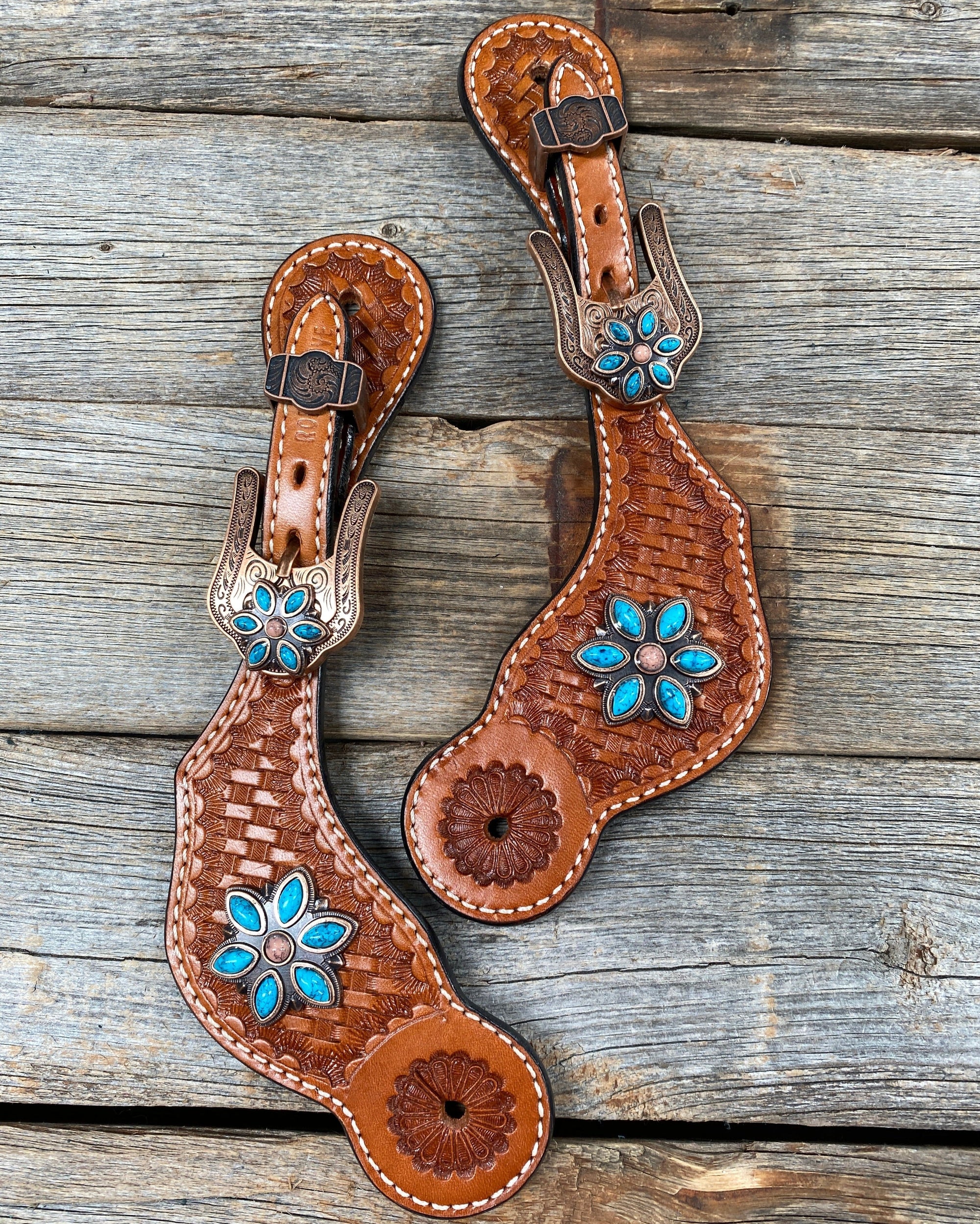 Light Oil Basketweave Spur Straps - Copper Floral Conchos 