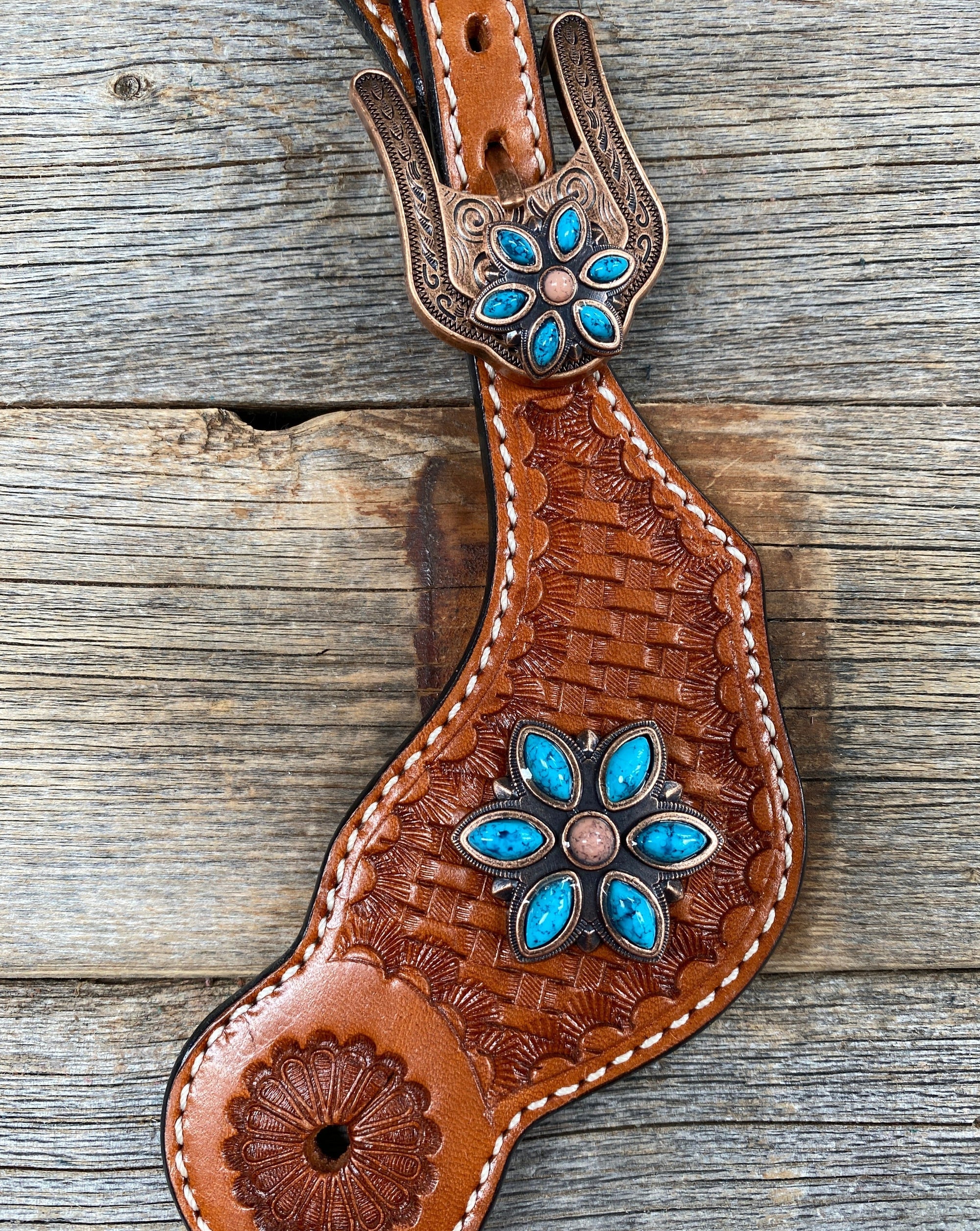 Light Oil Basketweave Spur Straps - Copper Floral Conchos 