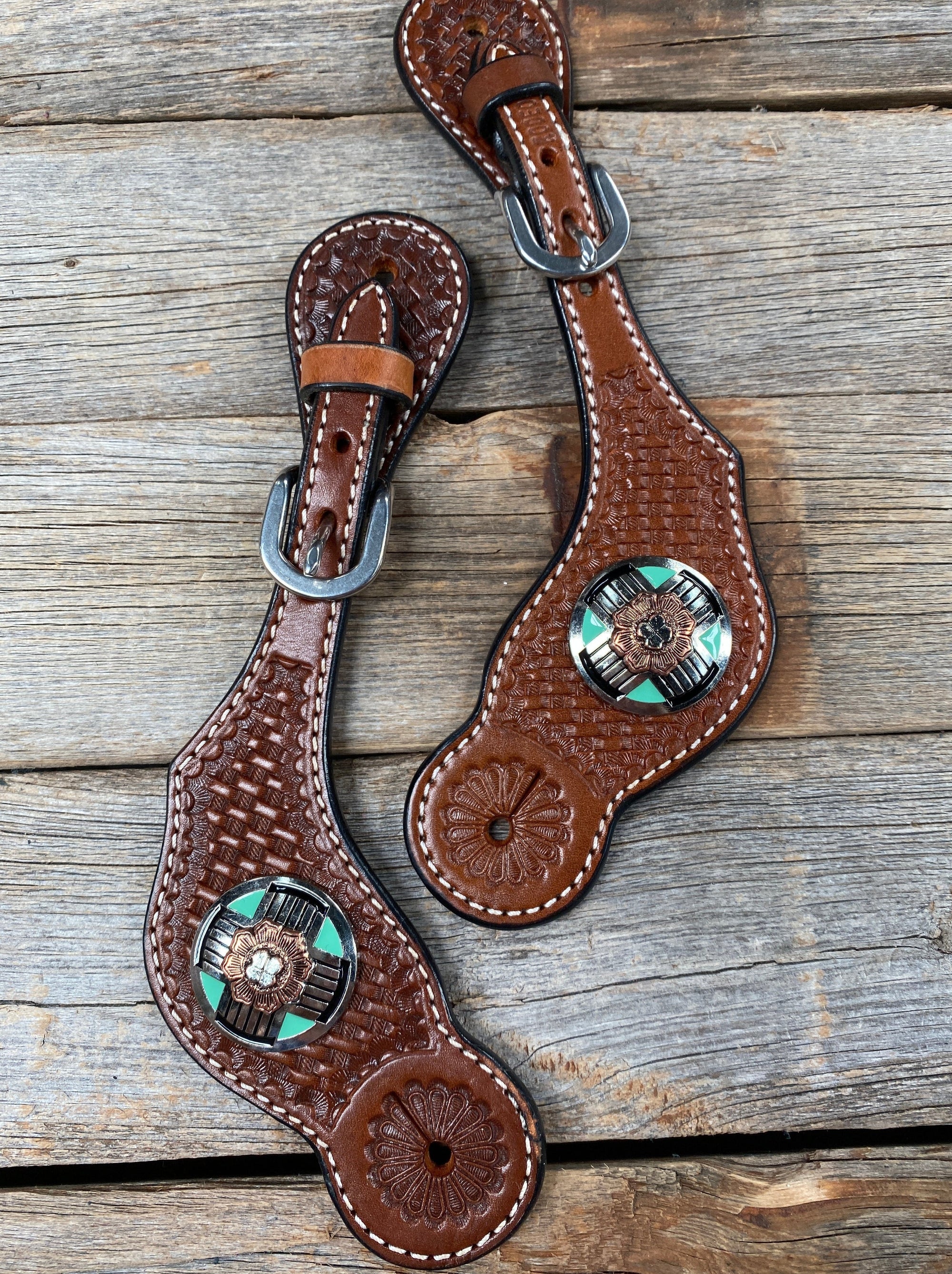 Medium Oil Basketweave Spur Straps - Antique Silver Western Conchos 