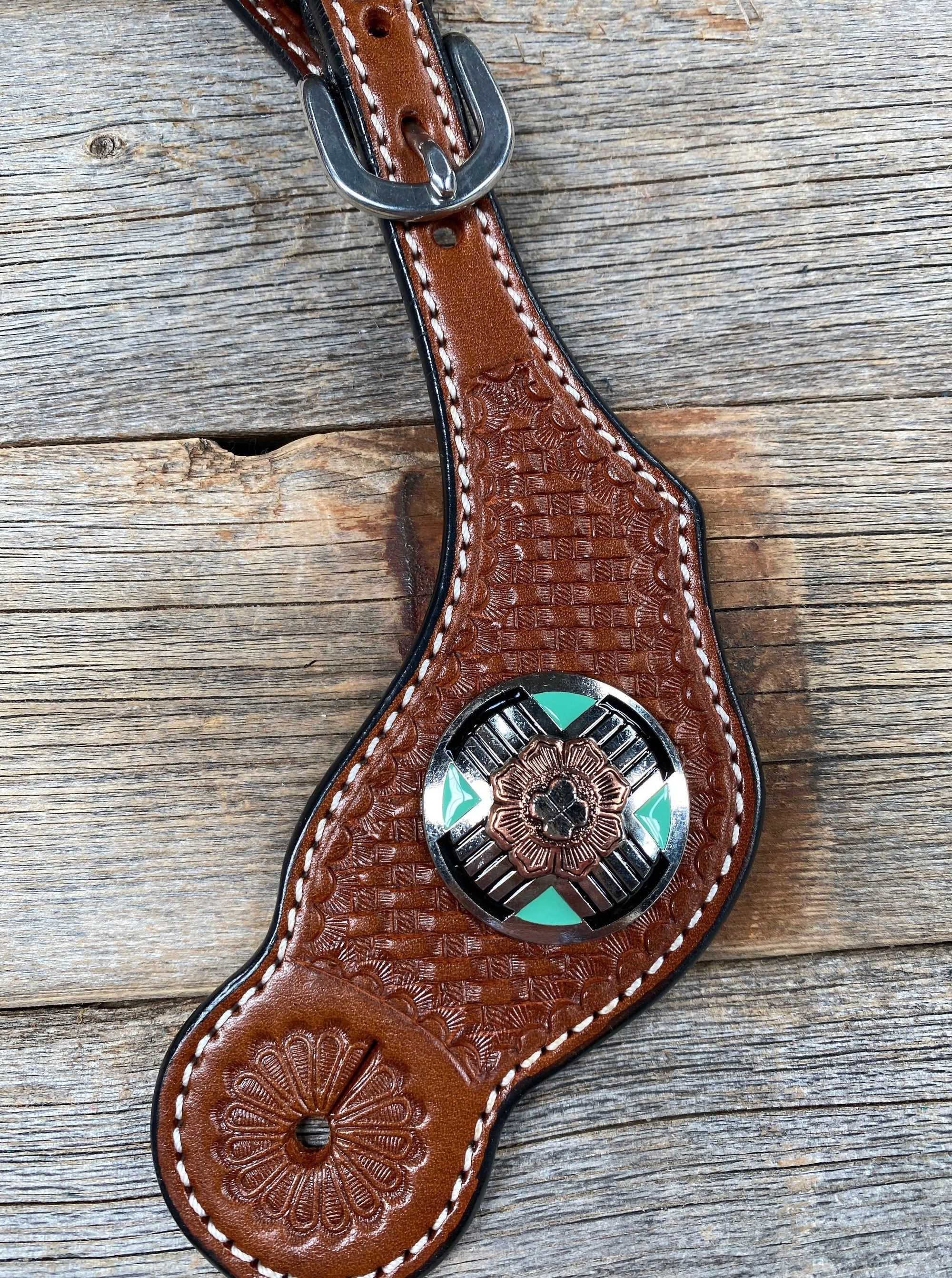 Medium Oil Basketweave Spur Straps - Antique Silver Western Conchos 
