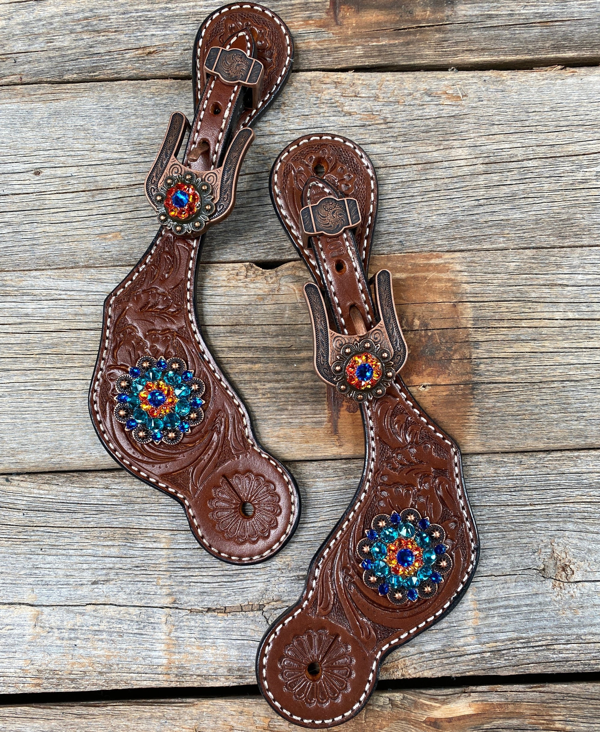Medium Floral Spur Straps - Copper Crystal Conchos 