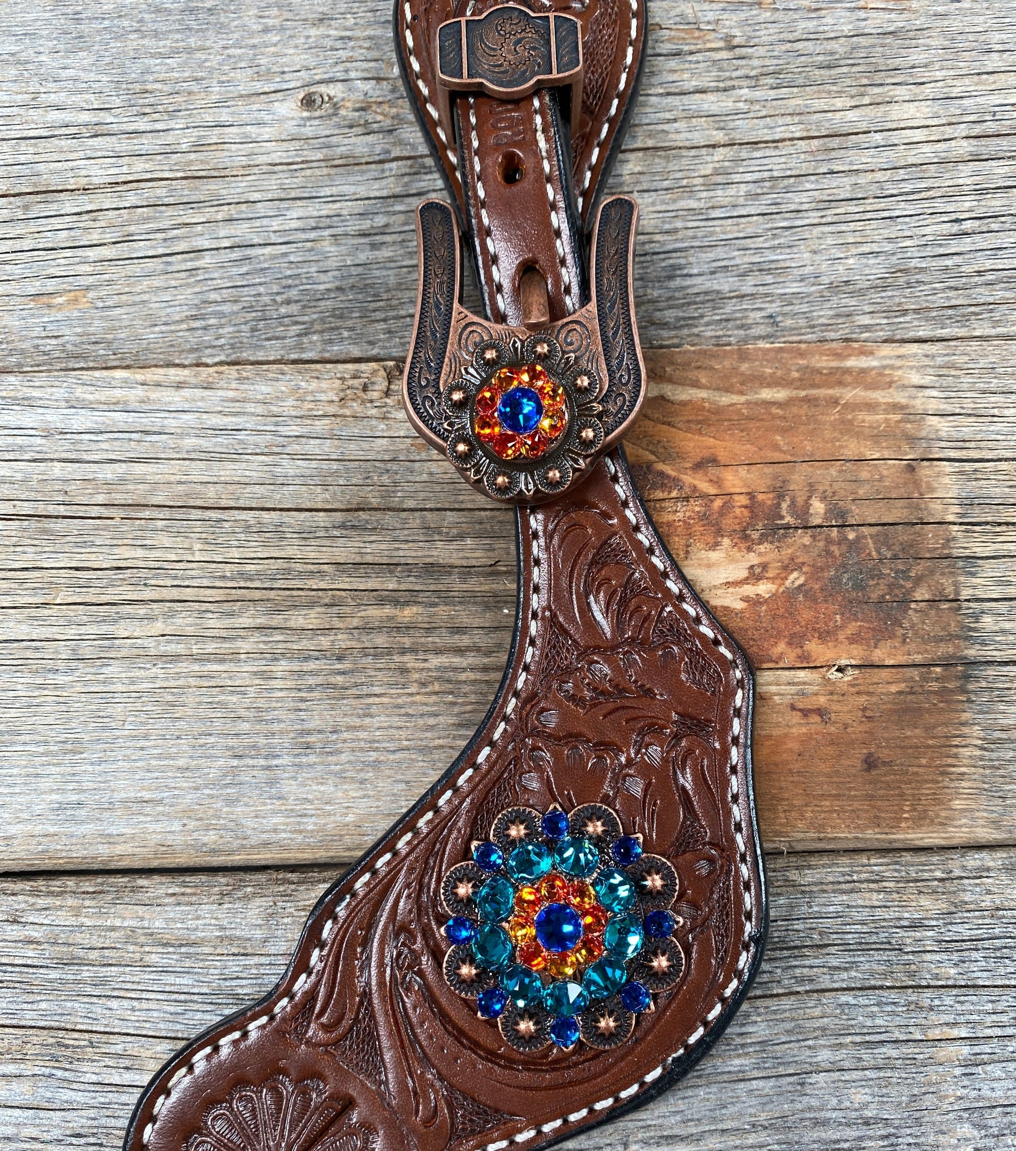 Medium Floral Spur Straps - Copper Crystal Conchos 