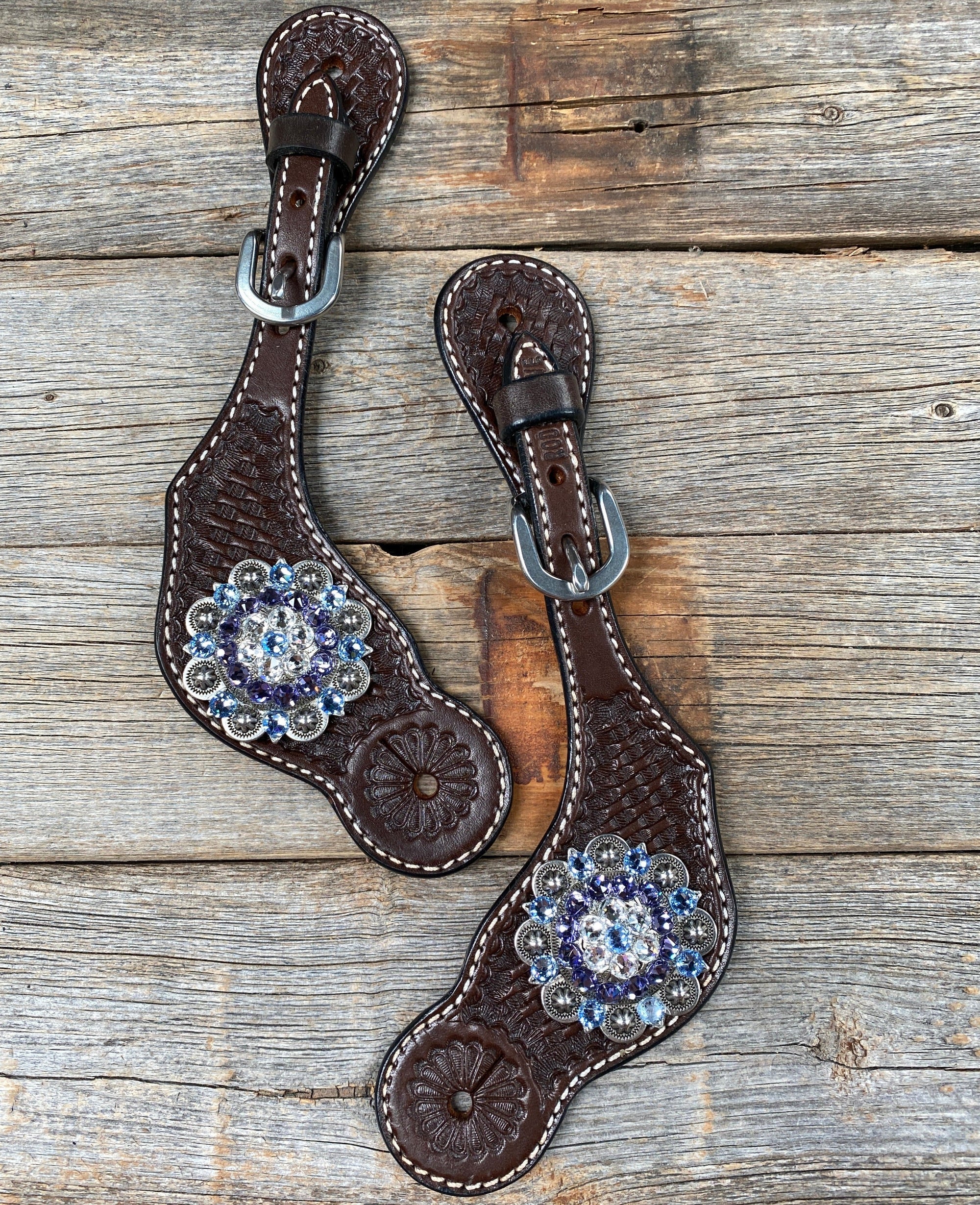 Dark Oil Basketweave Spur Straps - Antique Silver Crystal Conchos 