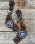 Dark Oil Basketweave Spur Straps - Antique Silver Crystal Conchos 