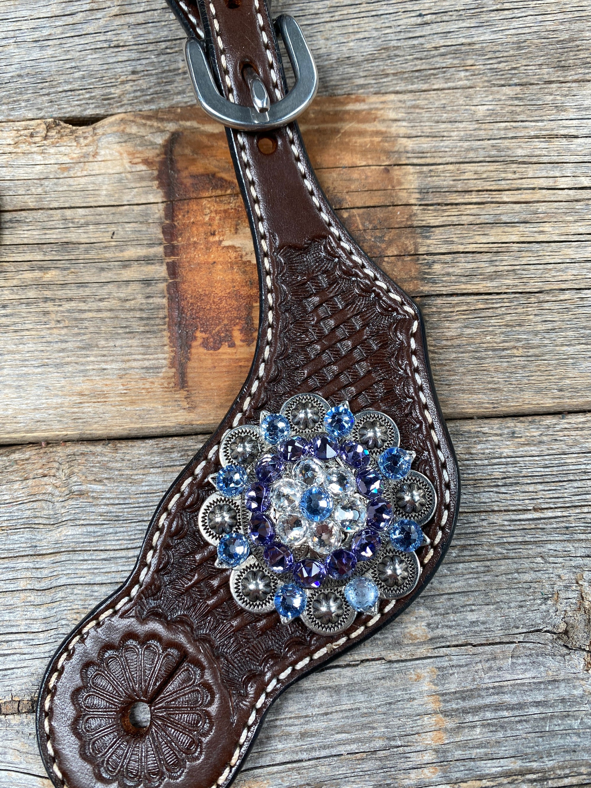 Dark Oil Basketweave Spur Straps - Antique Silver Crystal Conchos 