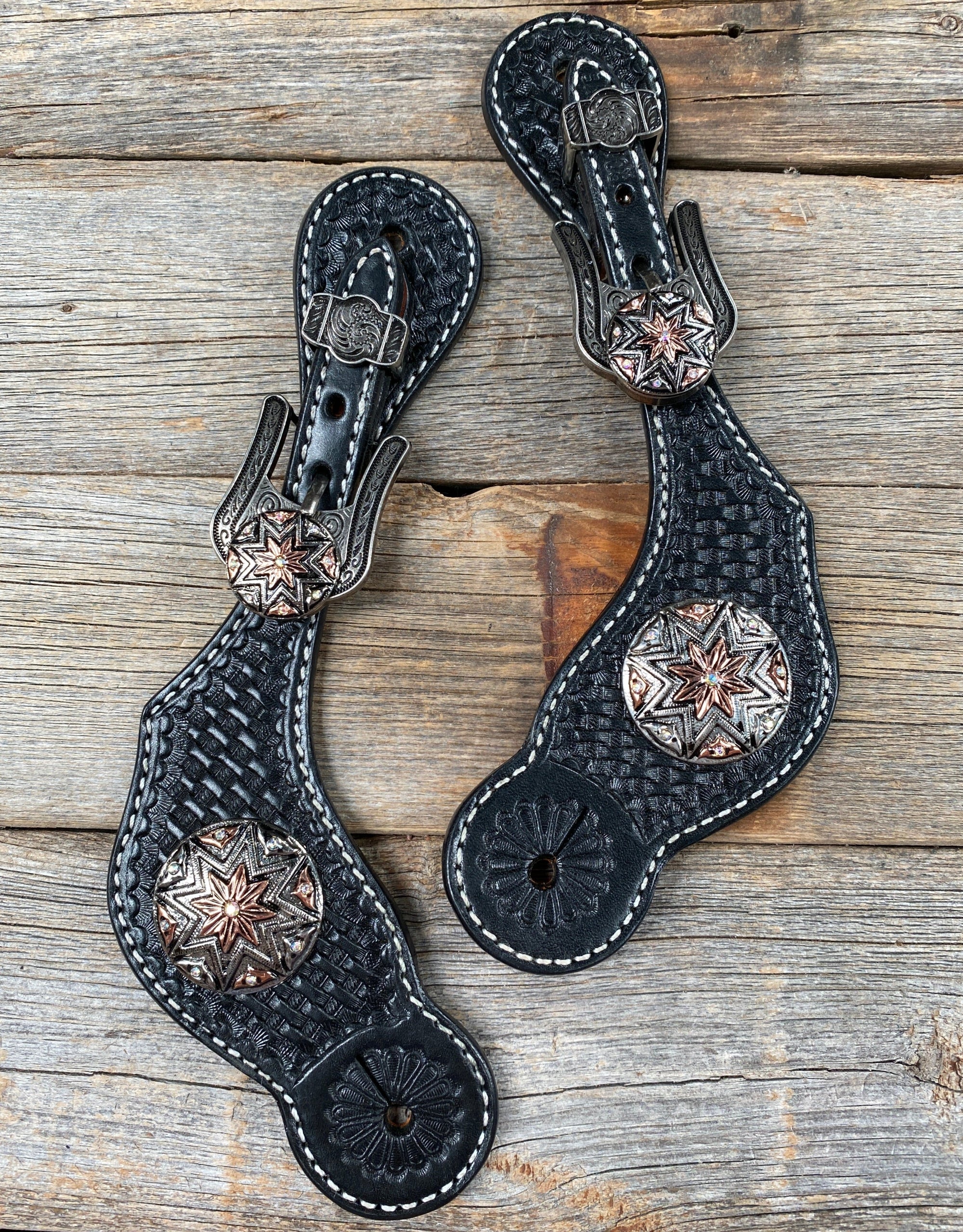 Black Basketweave Spur Straps - Antique Silver Starburst Conchos 