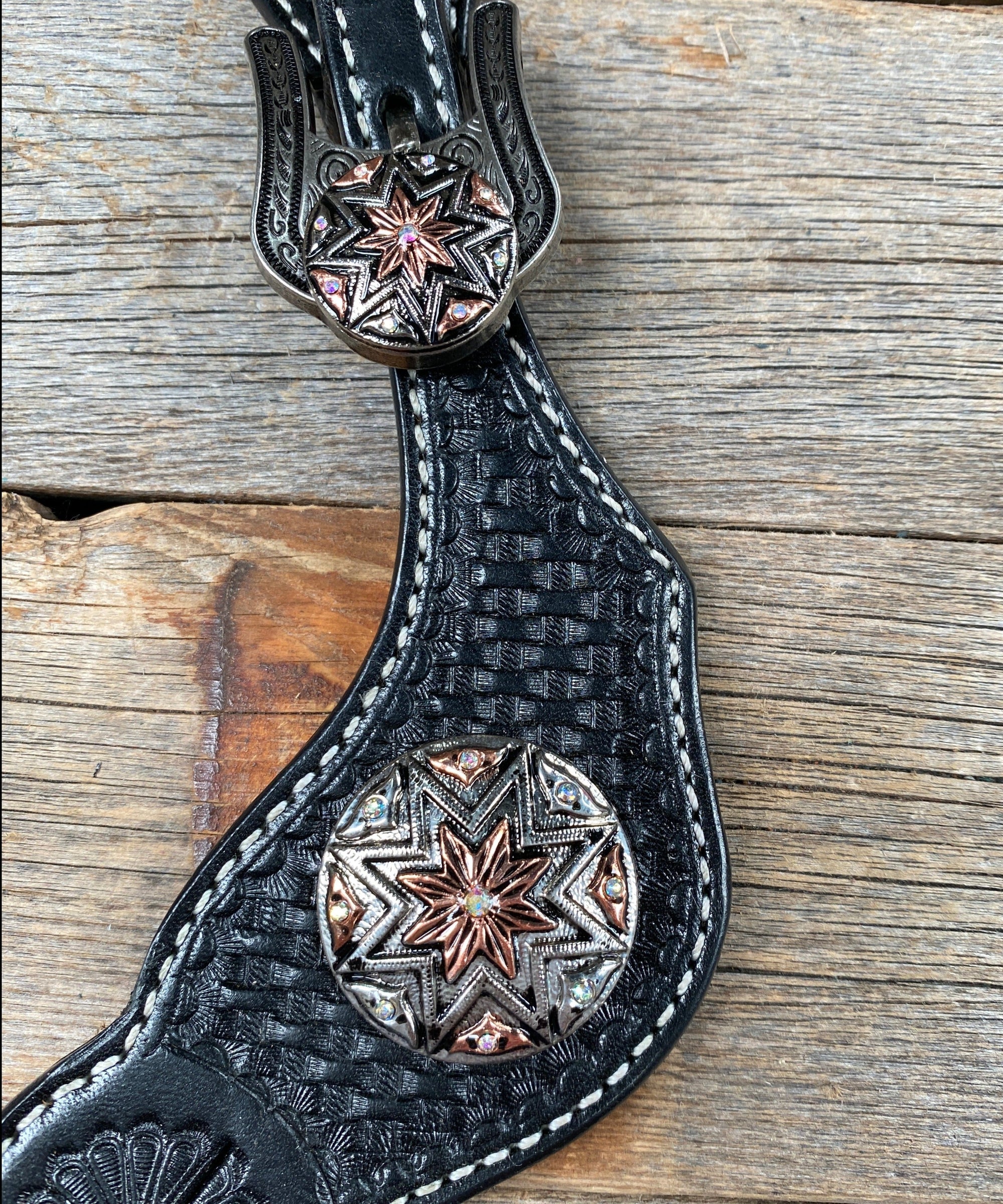 Black Basketweave Spur Straps - Antique Silver Starburst Conchos 