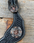 Black Basketweave Spur Straps - Antique Silver Starburst Conchos 