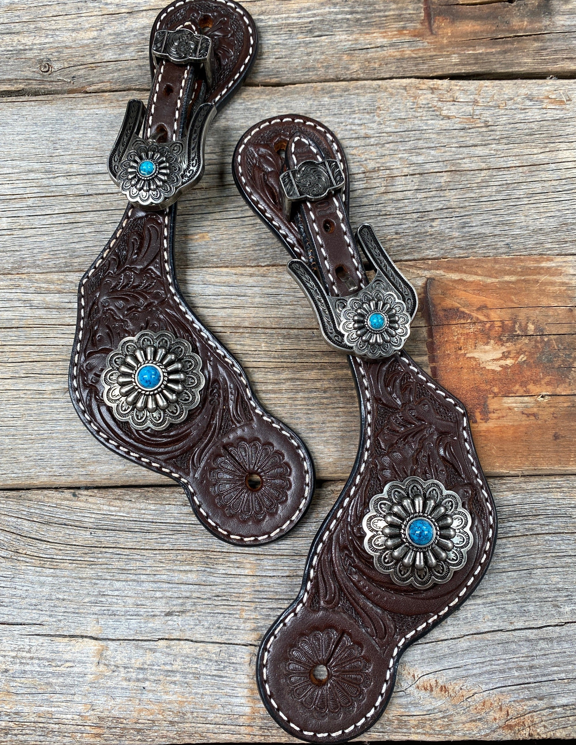 Dark Floral Spur Straps - Antique Silver Western Conchos 