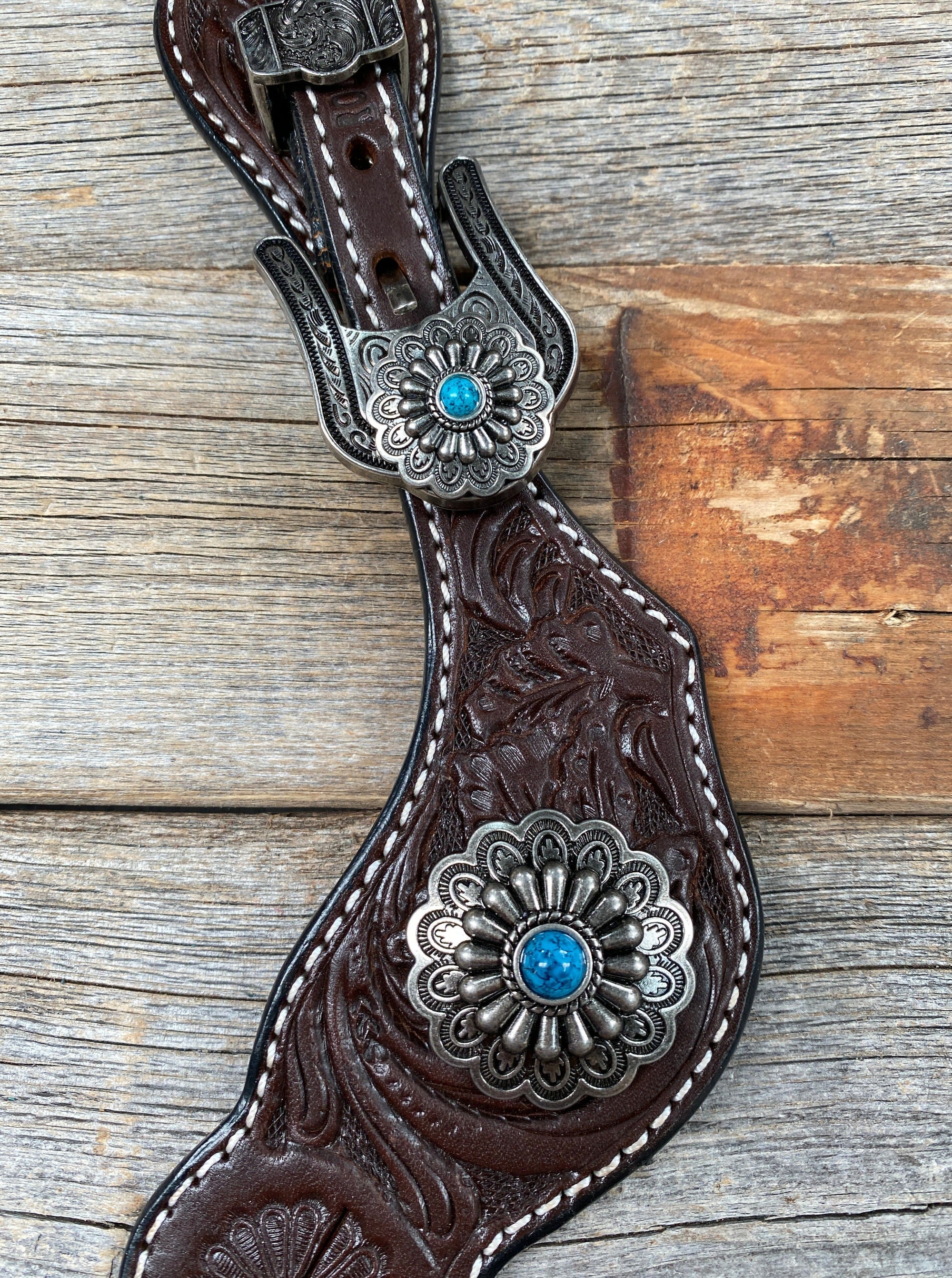 Dark Floral Spur Straps - Antique Silver Western Conchos 