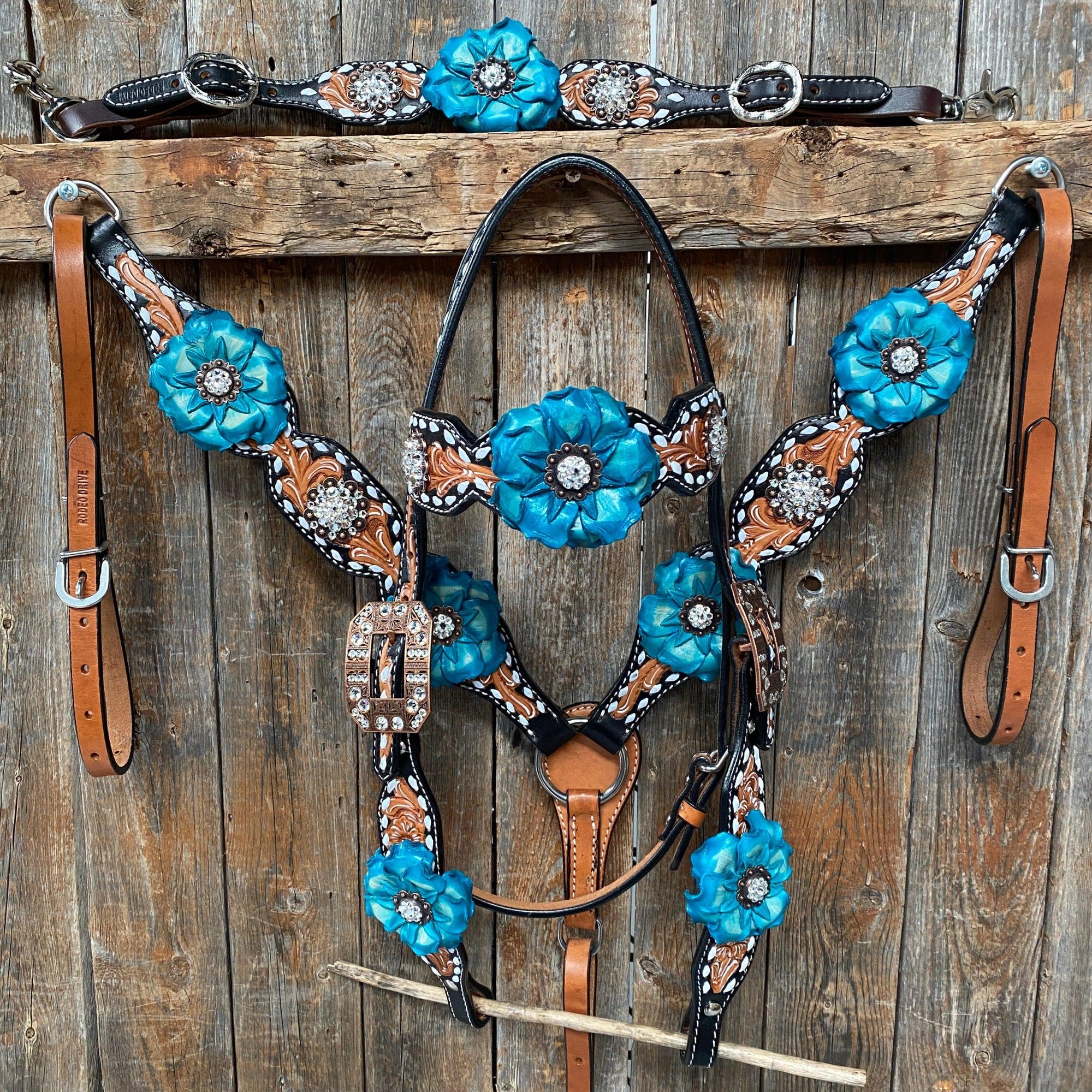 Classic Turquoise and Clear Browband/One Ear Tack Set / Witherstrap  
