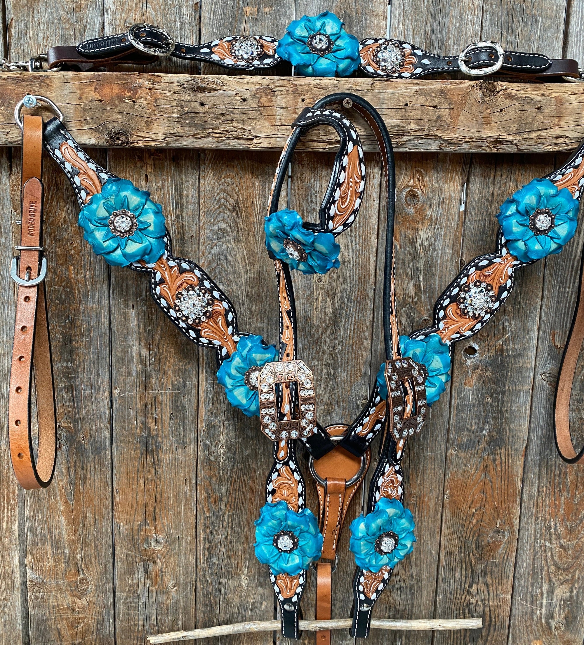 Classic Turquoise and Clear Browband/One Ear Tack Set / Witherstrap  