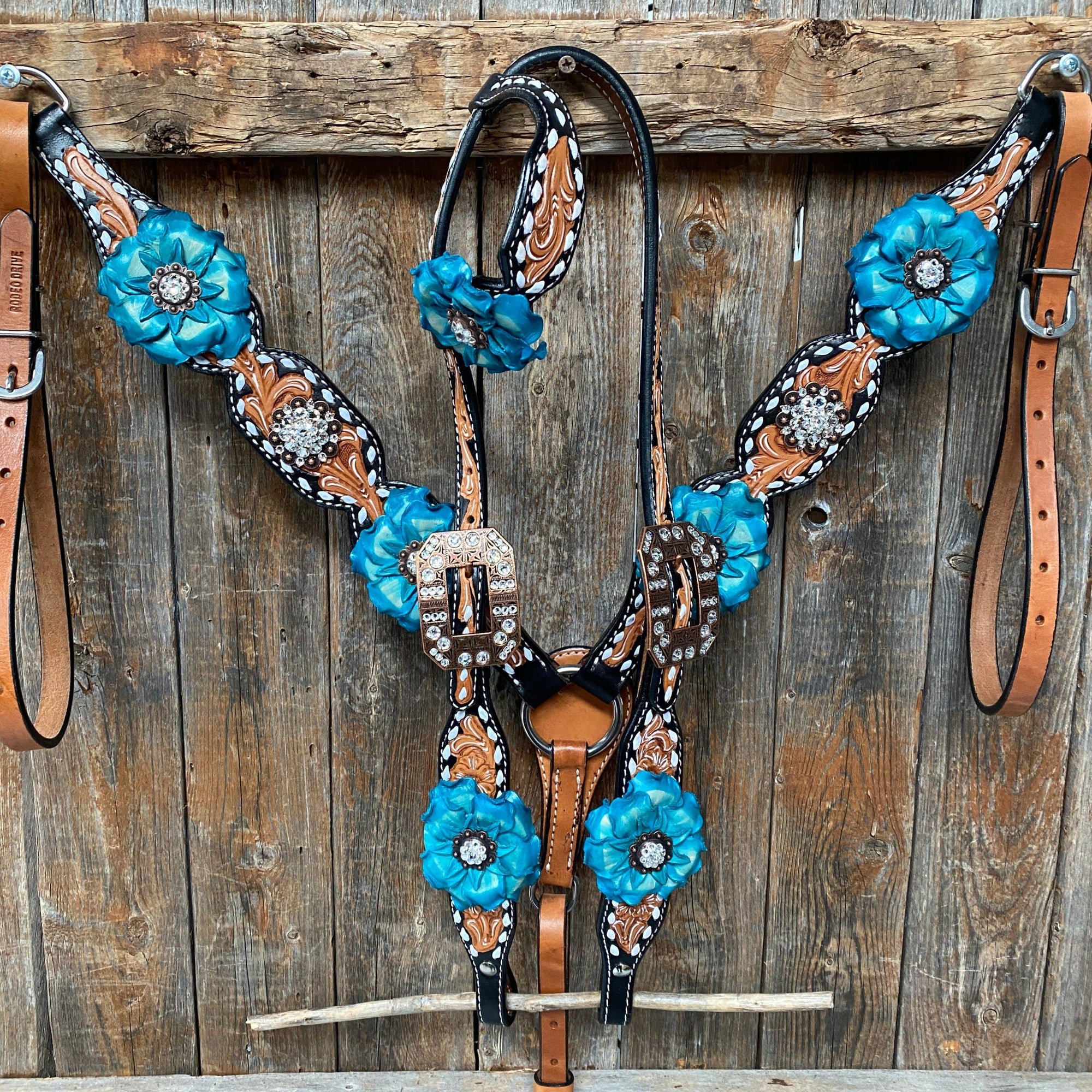 Classic Turquoise and Clear Browband/One Ear Tack Set / Witherstrap  