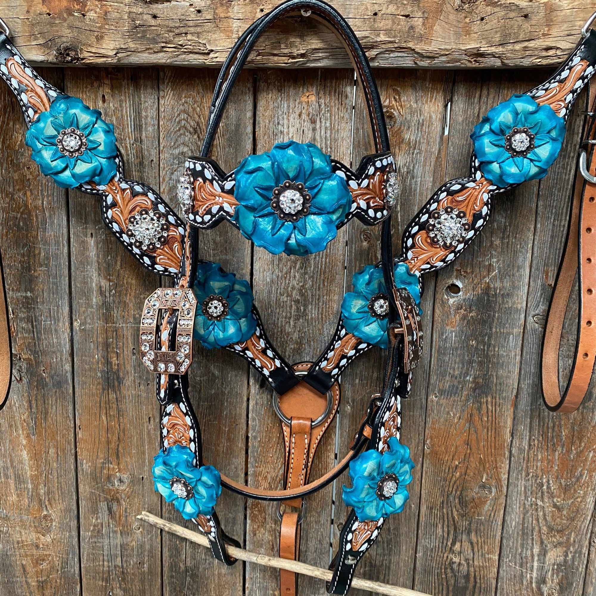 Classic Turquoise and Clear Browband/One Ear Tack Set / Witherstrap  