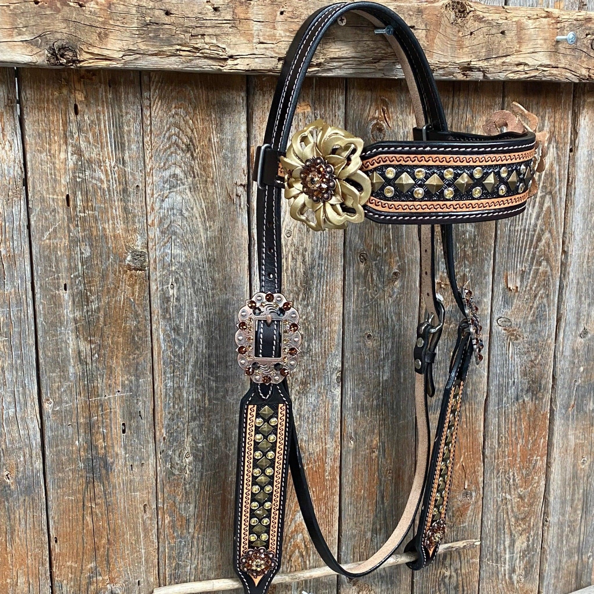 Two Tone Leather - Brass Studded Gold Browband / Breastcollar Tack Set 