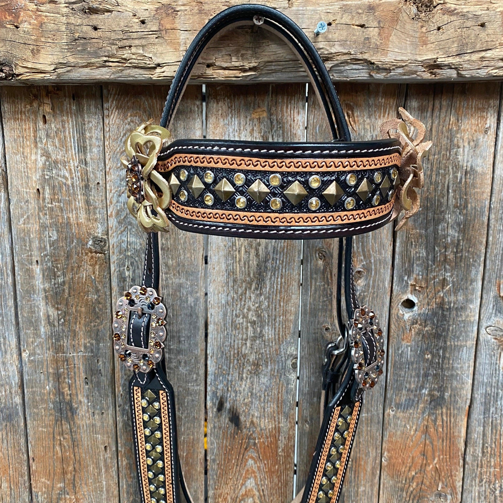 Two Tone Leather - Brass Studded Gold Browband / Breastcollar Tack Set 