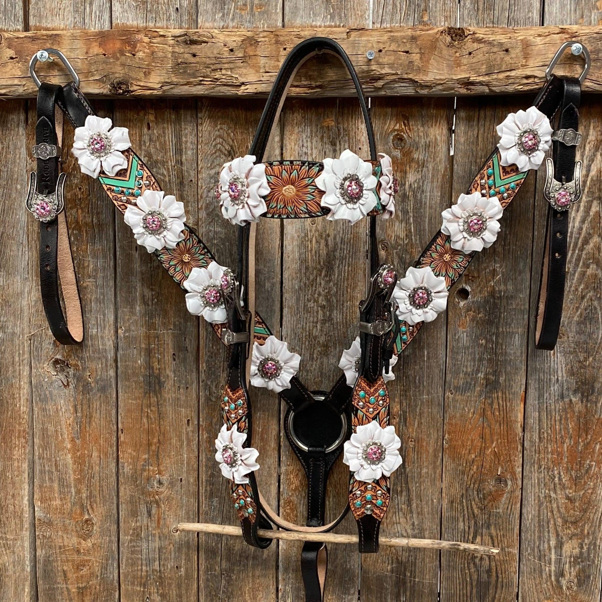 Two Tone Floral Pink and White Browband/ Breastcollar Tack Set 
