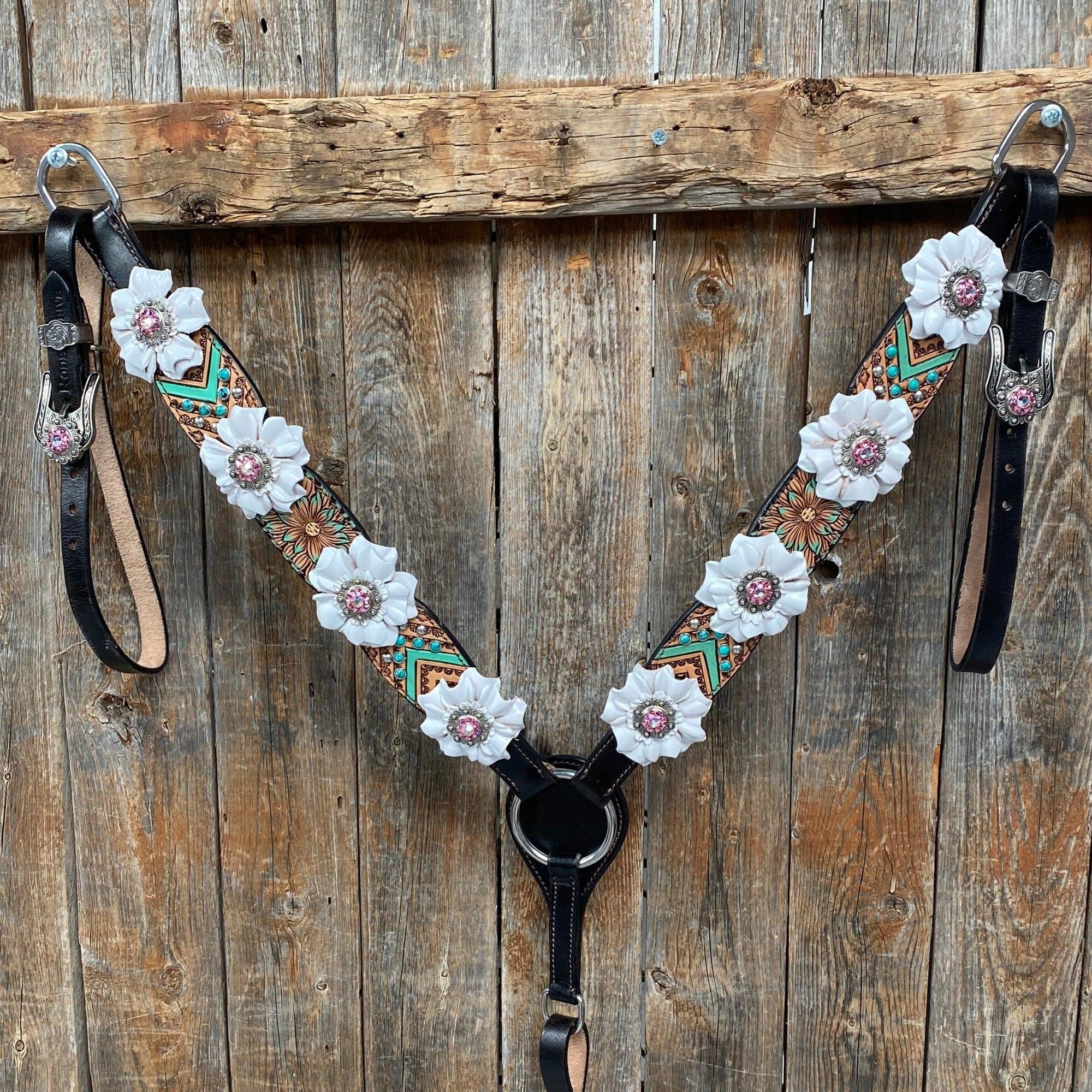 Two Tone Floral Pink and White Browband/ Breastcollar Tack Set 