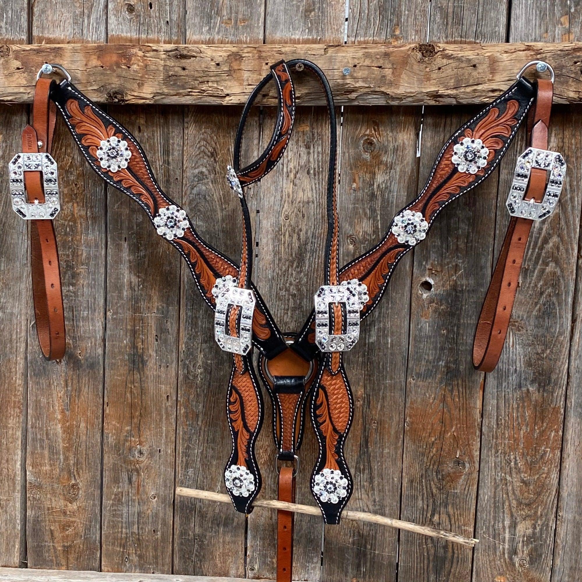 Two Tone Leaf Jet and Clear One Ear &amp; Breastcollar Tack Set 