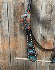 Dark Oil Buckstitch Capri/Fire Opal/Teal Browband/One Ear Tack Set with Wither Strap  