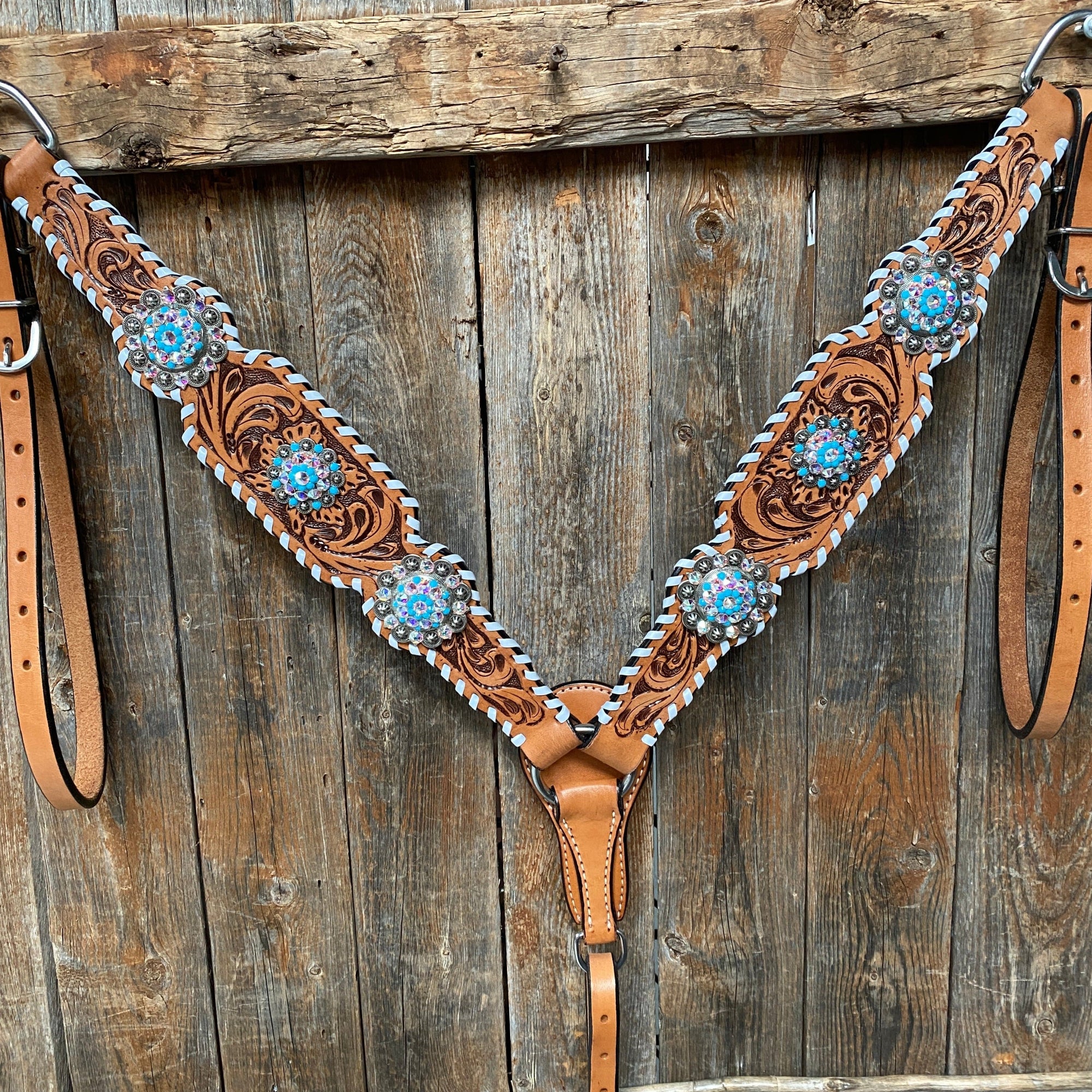 Whipstitch Turquoise &amp; AB Browband/One Ear Tack Set with Wither Strap  