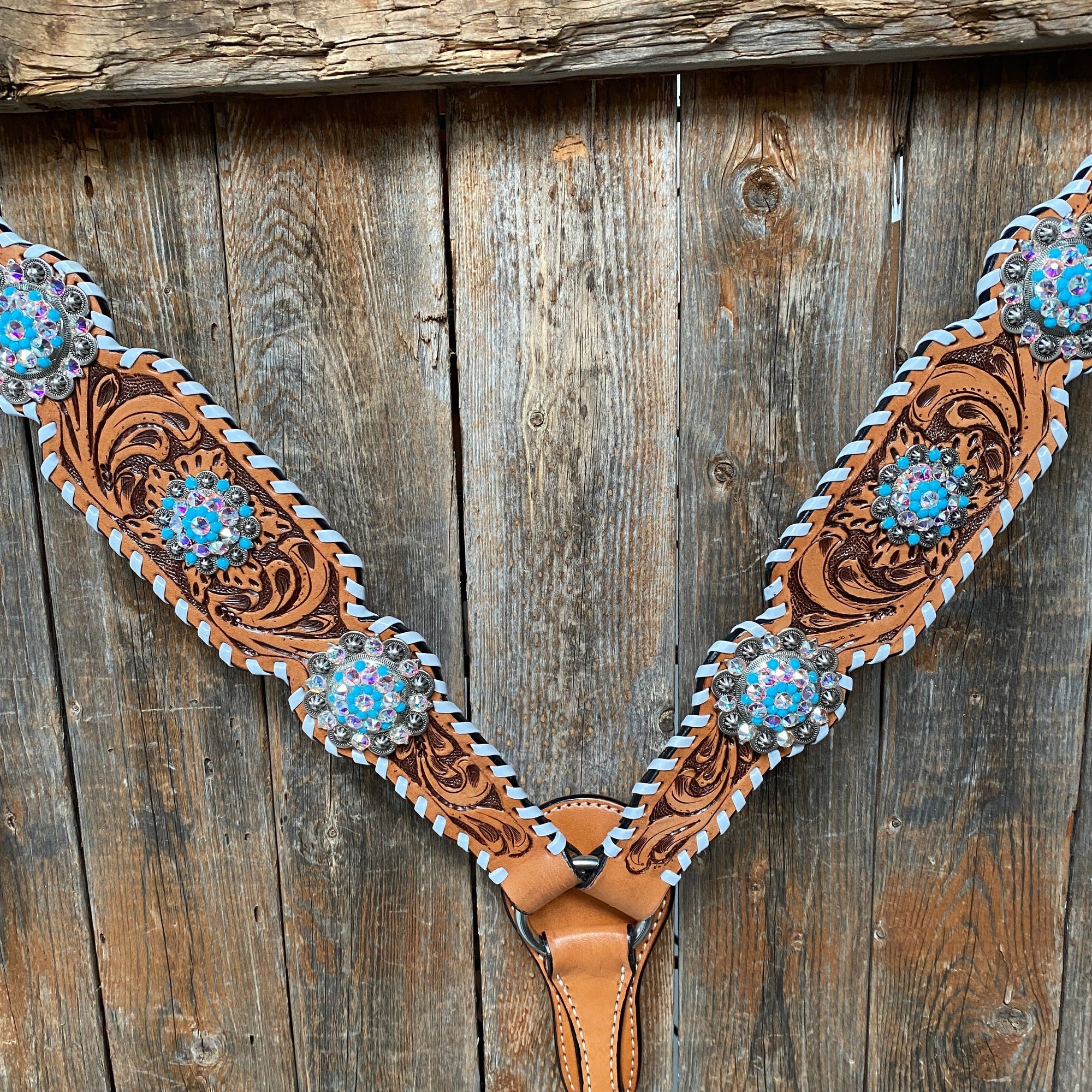Whipstitch Turquoise &amp; AB Browband/One Ear Tack Set with Wither Strap  