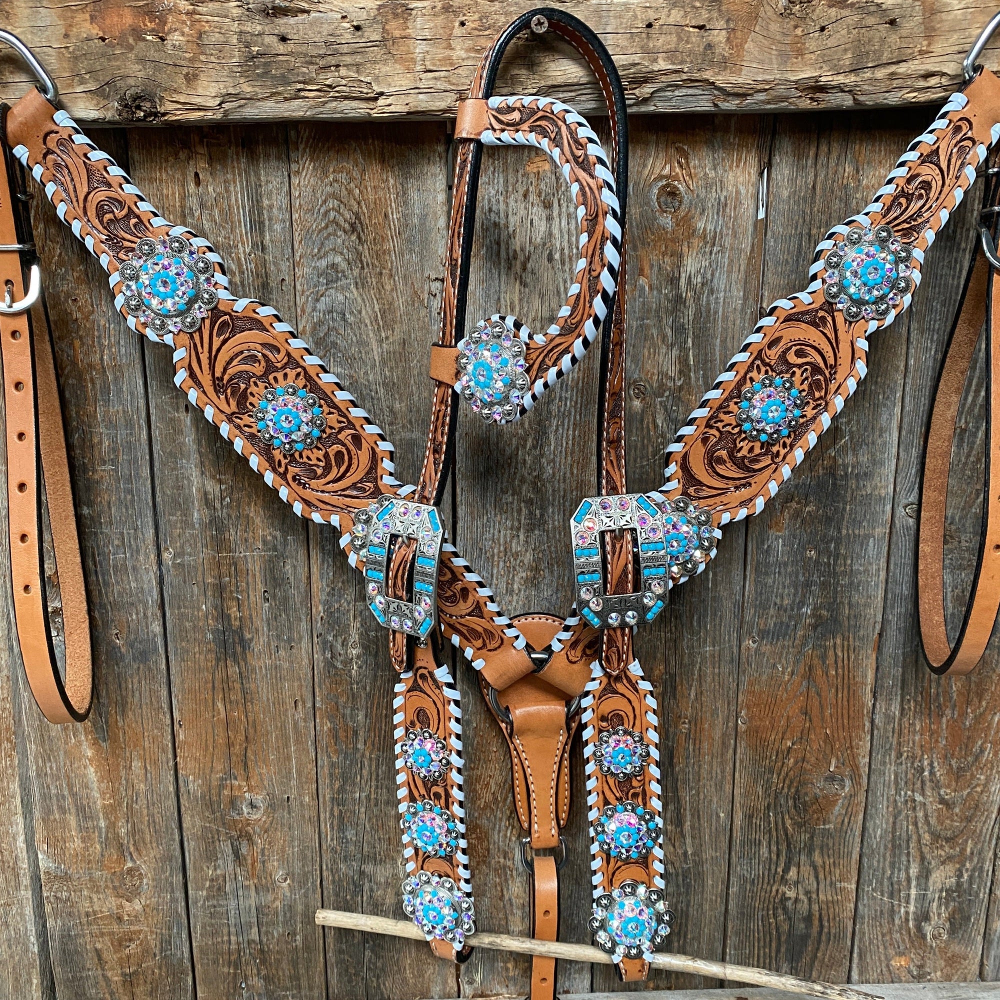 Whipstitch Turquoise &amp; AB Browband/One Ear Tack Set with Wither Strap  